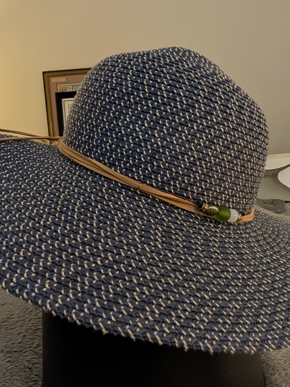 Braided Navy and White Wide-Brim Straw Sun Hat with Bead Trim. Adjustable Size.